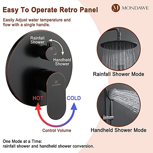 MONDAWE 9 Inch Wall Mounted Shower Faucet Set in Oil Rubbed Bronze, Rainfall Shower Head with 3-Setting Handheld Spray Shower Set Combo, High Pressure Shower System with Solid Brass Valve - color: Oil Rubbed Bronze, style: 9 IN - Without Tub Spout