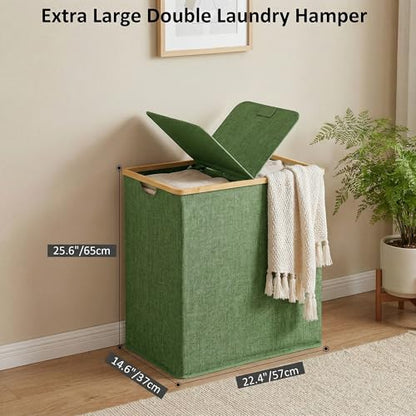 efluky Laundry Hamper with Lid, Double Laundry Basket with 2 Removable Bags, 2 Section Laundry Bin with Bamboo Handles for Bathroom, Bedroom & Laundry Room, 140L (36.9 Gallon) Sage Green - color: Sage Green, size: 140L Dual