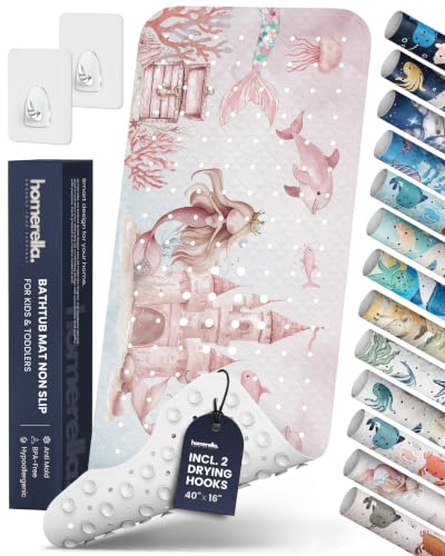 homerella Bathtub Mat Non Slip Kids 40x16 Baby Bath Mat Non Slip Anti Mold | 100% BPA Free, Non Toxic, Mildew Resistant, Machine Washable, Extra Long Kids Bath Mat for Tub Non Slip, Toddler Bath Mat - color: Mermaid Splash, size: 40" x 16" (Rectangular)