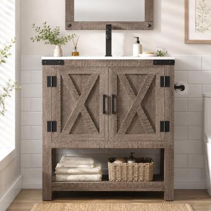 AMERLIFE 24" Gray Farmhouse Bathroom Vanity with Sink and Open Shelf | Light Gray, Single Solid White Integrated Top, Moisture-Resistant MDF, Barn Doors, Open Shelf, Paper Towel Holder - color: Light Gray, size: 24“