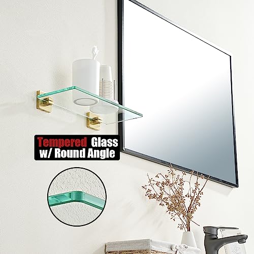 JQK Bathroom Glass Shelf, Floating Tempered Glass Shower Storage 12 by 5 inches, 304 Stainless Steel Brushed Gold Wall Mount 2 Pack, TGS201L12-BG-P2 - color: Brushed Gold, size: 12 Inch(2 Pack)