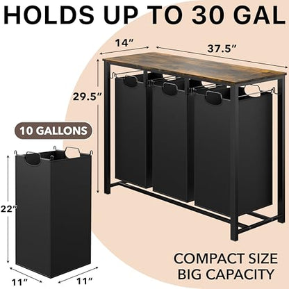 Simple Houseware 3-Section Laundry Sorter w/Tabletop Shelf, Rustic Brown | 3 Pull-Out,10-Gallon Hampers, Metal Frame Laundry Organizer for Bedroom, Bathroom,