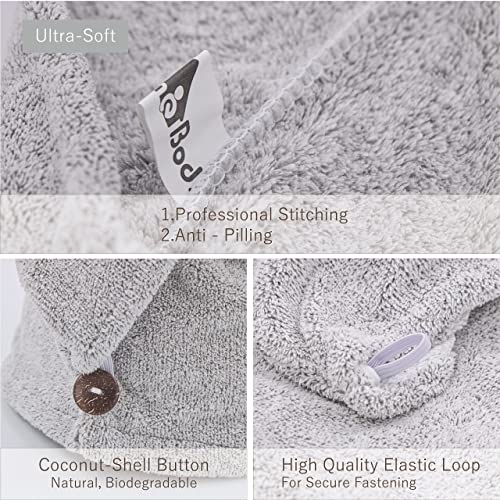 myHomeBody Hair Towel Wrap, Quick Drying Turban, Absorbent Cap – 2 Pack | Hair Turban Towel for wet hair, Ultra Soft Charcoal Fiber Cap, Towel Head Wrap for bathing with Coconut Shell Button - color: Grey, Grey