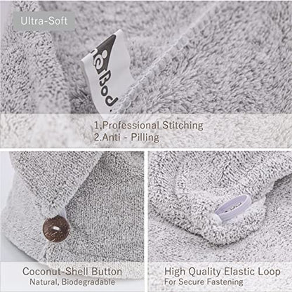 myHomeBody Hair Towel Wrap, Quick Drying Turban, Absorbent Cap – 2 Pack | Hair Turban Towel for wet hair, Ultra Soft Charcoal Fiber Cap, Towel Head Wrap for bathing with Coconut Shell Button - color: Grey, Grey