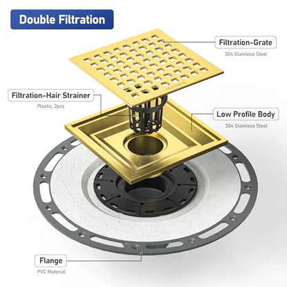 Square Shower Drain w/PVC Bonding Flange Base, 6" Gold | 304 Stainless Steel Drain w/ Drain Key for Low Profile Shower Tiles, CUPC Certified - color: Polished Gold6"