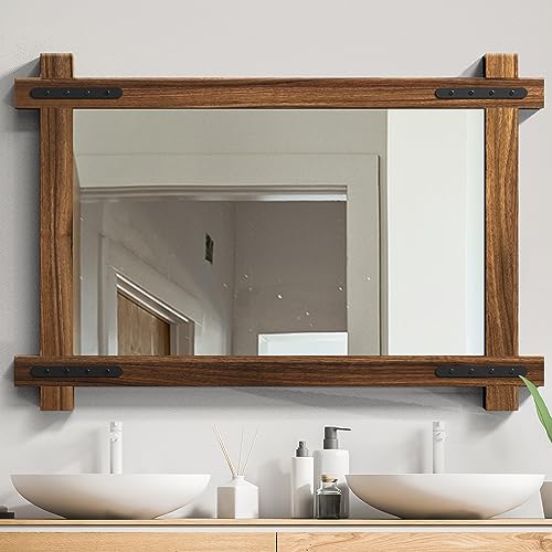 Farmhouse Wood Bathroom Mirror, 32"x24" Rustic Wall Mirror, Round Corner Vanity Mirror for Decor, Vertical or Horizontal Hanging, Selected Wood, 100% Handmade - color: Cross-shaped, size: 32"L x 24"W