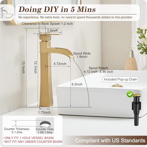 Brass Vessel Sink Faucets, Brushed Gold Tall Bathroom Faucet Single Handle, 1 Hole Bathroom Sink Faucet Waterfall Farmhouse Single Faucet Bathroom Sink with Pop-Up Drain & Pre-Installed Hoses - color: Brushed Gold - Elegant