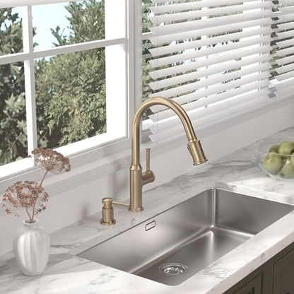Lava Odoro Champagne Gold Kitchen Faucet with Pull Down Sprayer | Single Handle Kitchen Sink Faucet, Gold Faucet for Kitchen Sink 1 Hole, Deck Plate Included, KF421-CB - color: Champagne Gold, style: Standard