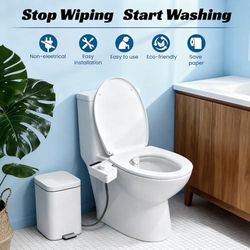 Bidet Attachment for Toilet,Ultra Thin,Self-Cleaning Dual Nozzles | Adjustable Water Pressure,Non-Electric,Rotate Button Control,One Click Detach,Fits Most Toilets,Cold Water,White,Square