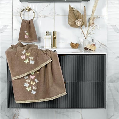 Frolic 4-Piece Luxury Towel Set, Calico Applique, Soft & Durable Turkish Cotton, Elegant Bathroom Ensemble, 2 Bath 2 Hand Towels, Cocoa - color: Cocoa, size: 2 Pcs Bath 2 Pcs Hand Towel