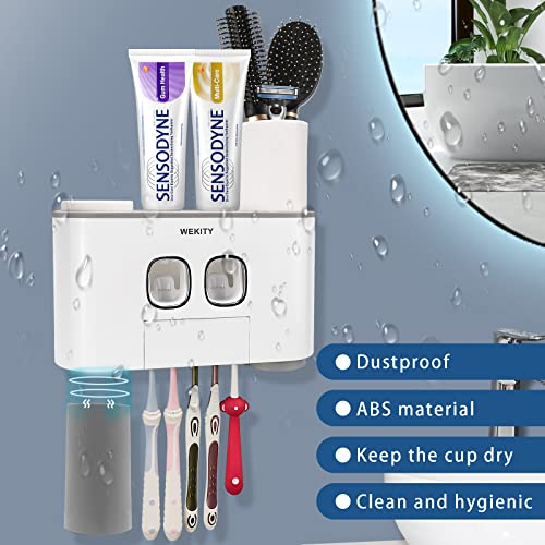 Toothbrush Holder Wall Mounted, WEKITY Multi-Functional Toothbrush and Toothpaste Dispenser for Bathroom, with 5 Toothbrush Slots, 2 Toothpaste Squeezers and 4 Cups(Grey) - color: Grey