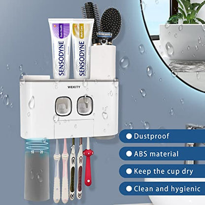 Toothbrush Holder Wall Mounted, WEKITY Multi-Functional Toothbrush and Toothpaste Dispenser for Bathroom, with 5 Toothbrush Slots, 2 Toothpaste Squeezers and 4 Cups(Grey) - color: Grey