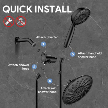 FEELSO Shower Head with Handheld Spray, 8" High Pressure Rain Showerhead | 7+8 Modes Dual Shower Head, Anti-Clog Nozzles, 71” Shower Hose Extra Long, Adjustable Holder, Shower Separately or Together - color: Matte Black