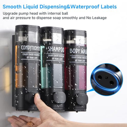 Shampoo and Conditioner Dispenser,GlintGath Shower Dispenser 3 Chamber No Drill Shampoo Dispenser for Shower Wall Mounted Shower Soap Dispenser for Bathroom Hotel,3 * 300ML,Matte Black - color: Black 3 Chamber