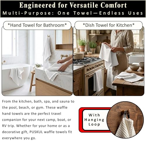 PÜSKÜL Natural 100% Turkish Cotton Waffle Kitchen and Hand Towels, 3-Piece | White, 32x16" Large, Premium 3D Honeycomb Weave Soft Absorbent Quick-Dry Lint-Free Dish Towel, Oeko-Tex Made in Turkey - color: White, size: Kitchen & Hand Towels Pack of 3