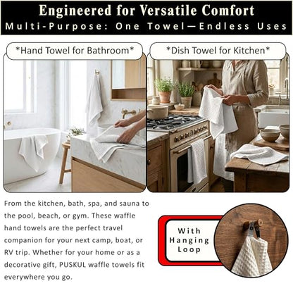 PÜSKÜL Natural 100% Turkish Cotton Waffle Kitchen and Hand Towels, 3-Piece | White, 32x16" Large, Premium 3D Honeycomb Weave Soft Absorbent Quick-Dry Lint-Free Dish Towel, Oeko-Tex Made in Turkey - color: White, size: Kitchen & Hand Towels Pack of 3