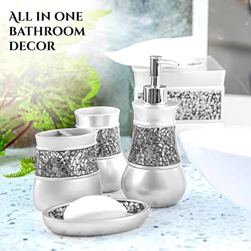 Crackled Glass Silver Toothbrush Holder And Toothpaste Holder For Bathroom - Elegant Crackled Glass Bathroom Toothbrush Organizer - Decorative 2 Slot Family Toothbrush Cup Holds Multiple Toothbrushes - style: Toothbrush Holder