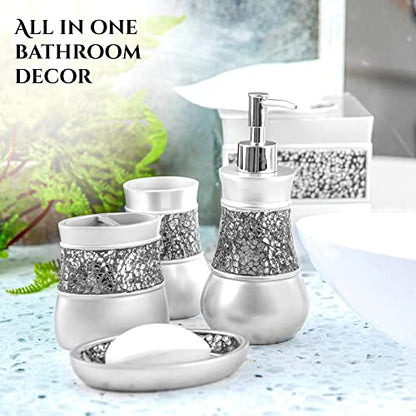 Crackled Glass Silver Toothbrush Holder And Toothpaste Holder For Bathroom - Elegant Crackled Glass Bathroom Toothbrush Organizer - Decorative 2 Slot Family Toothbrush Cup Holds Multiple Toothbrushes - style: Toothbrush Holder
