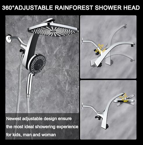12" High Pressue Rain Shower Head with Handheld, 9 Sprays Hand Showerhead | Shower Heads with Handheld Spray Combo, Dual Head, Built-in Magnetic Docking, Power Jets, 59" Shower Hose, Chrome 1.75GPM - color: Chrome