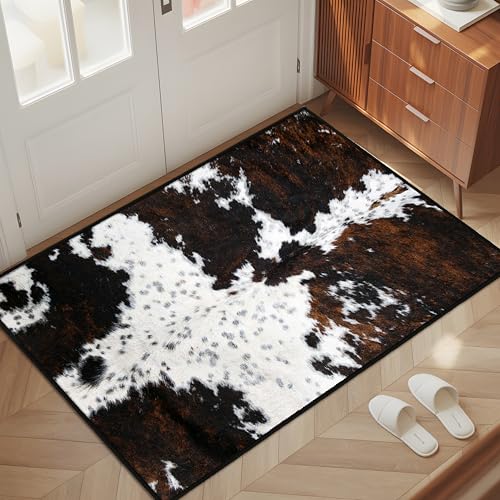 Western Cowhide Print Entryway Rug 2x3 Farmhouse Thin Door Mat Non Slip Washable Fur Area Rug Floor Mat for Entrance Indoor Outdoor - size: 2' x 3' (Rectangular)
