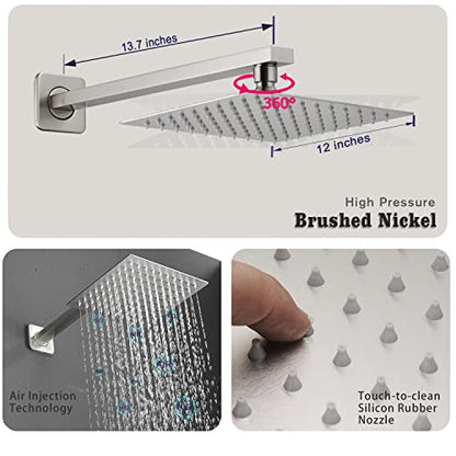 Shower Faucet Combo Set with Shower Spray Wand Large 12 Inch Shower Head Brushed Nickel Surface High Pressure with Rough-in Valve, Brushed Nickel - color: Brushed Nickel, style: 12"- 2 Function