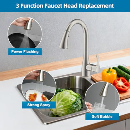 Curve Kitchen Faucet Sprayer Head Compatible with Kohler, Brushed Nickel | NSF/ANSI/CAN 372 Certified, 14 Adapter Kit for Universal Fit Use, 3 Function Pull Down Sink Faucet Spray Head Replacement - color: Brushed Nickel, style: Curve Design