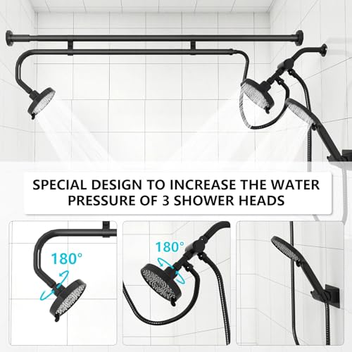 Tandem Shower Head, Dual Shower Heads for Two People & Handheld Head, Triple Shower Head High Pressure System,Adjustable Double Shower Heads - color: Black