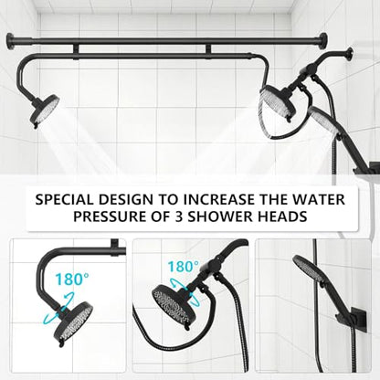 Tandem Shower Head, Dual Shower Heads for Two People & Handheld Head, Triple Shower Head High Pressure System,Adjustable Double Shower Heads - color: Black