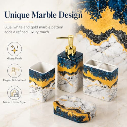 4 Piece Bathroom Accessories Set - Blue Bathroom Accessory Sets Includes Lotion Dispenser, Toothbrush Holder Tumbler, and Soap Dish - Glossy Finish (Marble, Blue) - color: Blue