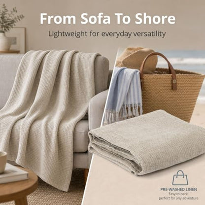 Pure 100% Flax Linen Blanket – 50x60-inch Linen Throw Blanket Waffle Weave – Breathable Cooling Blanket – Versatile Beach Blanket – Pre-Washed Lightweight European Flax - color: Natural Linen, size: Throw Blanket