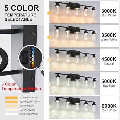 MELUCEE LED Bathroom Vanity Light 5-Light Dimmable Bathroom Light Bar | 5CCT 3000K-6000K Modern Black Vanity Lighting Fixtures with Crystal Bubble Clear Glass Shade, Built-In LED Chips - color: Black, size: LED-5 Lights