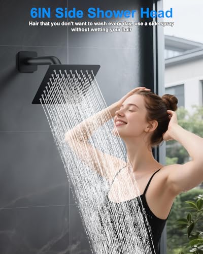 Shower System with Pressure Balance Valve, 12" Ceiling Mount Shower Faucet Set with 2 Rain Shower Head And Multi-function Handheld Head Push Button Diverter Pressure Balancing Valve Kit, Matte Black - color: Matte Black, style: 12"-Square-01