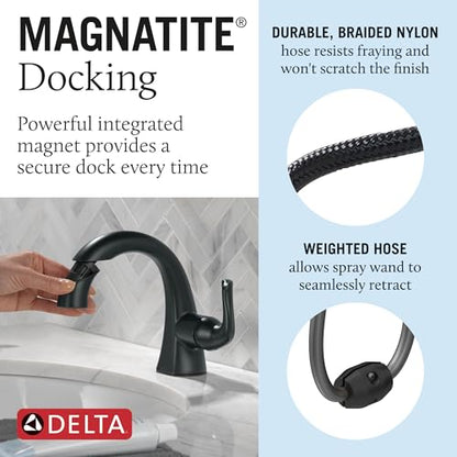 Delta Arvo 1 Hole Matte Black Bathroom Faucet with Sprayer, Single Hole Bathroom Sink Faucet with Pull Out Sprayer for Vanity, Push-Pop Drain, Matte Black 15840LF-BLPD - color: Matte Black