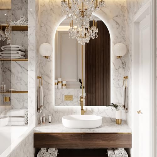 Niccy Arched LED Bathroom Mirrors, Frameless Backlit Vanity Mirror, 40"x24" | Wall Mounted Arch Mirror with Defogger & 3 Color Light, Explosion-Proof HD Glass, IP65 Waterproof for Bathroom - size: 40"L x 24"W