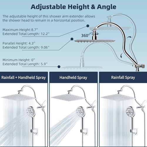Hibbent 12'' All Metal CUPC Certified Shower Head, High Pressure Rainfall Shower Head, Handheld Showerhead Combo, 12'' Adjustable Shower Extension Arm, 10-Spray, 71'' Hose, Showerhead Holder, Chrome - color: Chrome, style: Square 12''