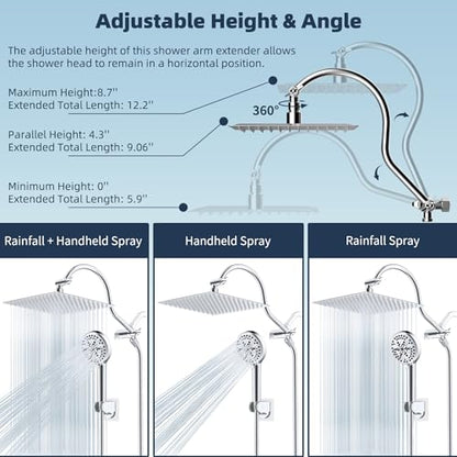 Hibbent 12'' All Metal CUPC Certified Shower Head, High Pressure Rainfall Shower Head, Handheld Showerhead Combo, 12'' Adjustable Shower Extension Arm, 10-Spray, 71'' Hose, Showerhead Holder, Chrome - color: Chrome, style: Square 12''