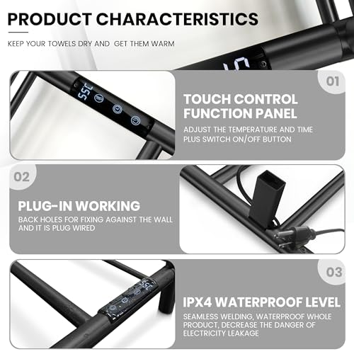 Towel Warmer Wall Mounted with 3 Electric Stainless Steel Heated Bars, Hot Towel Rack for Bathroom, Plug-in BathTowel Heater with Built-in Timer, Matte Black