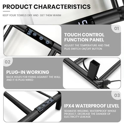 Towel Warmer Wall Mounted with 3 Electric Stainless Steel Heated Bars, Hot Towel Rack for Bathroom, Plug-in BathTowel Heater with Built-in Timer, Matte Black
