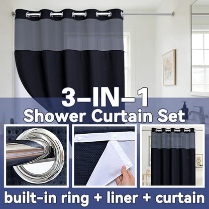 Conbo Mio Extra Long No Hook Waffle Weave Shower Curtain with Snap in Liner Set, Hotel Luxury Black Shower Curtains for Bathroom with See Through Top Window, Waterproof, Washable 71W x 84H - color: Waffle-black, size: 71"W x 84"L (Pack of 1)