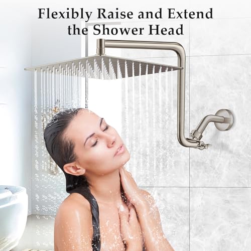 Rain Shower Head Extension Arm, Upgrade 12 Inch Metal Shower Extend Arm, Height/Angle Adjustable Curved Showerhead Extender with 1/2 Universal Connection, Flexible Rise or Lower Shower Head Nickel - color: Nickel