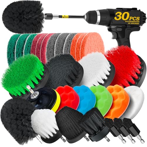 Holikme 30Piece Drill Brush Attachment Set - Power Scrubber Cleaning Kit | Buffing Sponges, Nylon Grout Tools, Tile Bathtub Shower Floors Kitchen Car Interior Detailing, Cleaning Supplies, Black - color: Black