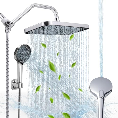 13 Inch Rain Shower Head with Handheld Combo, High Pressure, Chome | Dual Shower Head Square Design, Anti-Clog Technology, Adjustable Rainfall-Power Jets