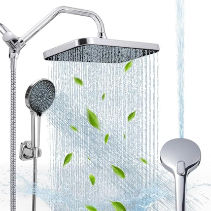 13 Inch Rain Shower Head with Handheld Combo, High Pressure, Chome | Dual Shower Head Square Design, Anti-Clog Technology, Adjustable Rainfall-Power Jets