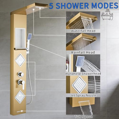 Shower Panel Tower System with Storage- Brushed Gold | 304 Stainless Steel 5-Function Shower Panel Faucet Set with Powerful Body Jets, Rainfall, Waterfall,Handheld and Tub Spout - color: Brushed Gold