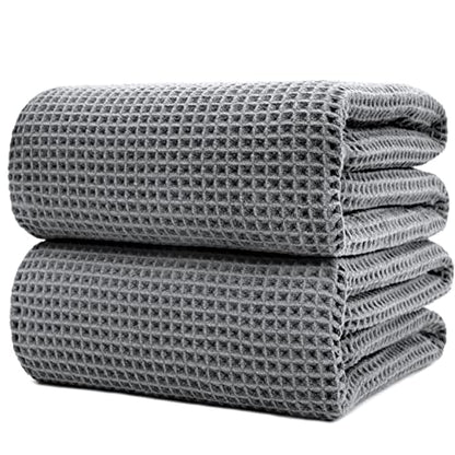 POLYTE 430 GSM Poly Blend Microfiber Waffle Bath Sheet XL Set, 35x70 in | 2 Pack, Oversize, Lint Free, Quick Dry - color: Gray, size: X Large