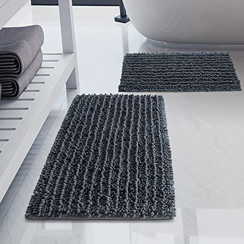Luxury Chenille Charcoal Grey Bathroom Rugs Sets 2 Piece, Thickened Hot Melt Rubber Bottom Bath Mats for Bathroom Non Slip,Bath Rugs Quick Dry Machine Washable for Shower Mat (32"x20"+17"x24") - color: Charcoal Grey, size: 32" x 20" Plus 17" x 24"