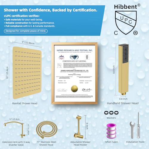 Hibbent All Metal CUPC Certified 10'' Rain Shower Head, Dual Shower Head Combo, High Pressure Handheld 4 Sprays Shower Wand, 16'' Adjustable Extension Arm, 71'' Hose, Shower Holder, Brushed Gold - color: Brushed Gold, style: Square 10''