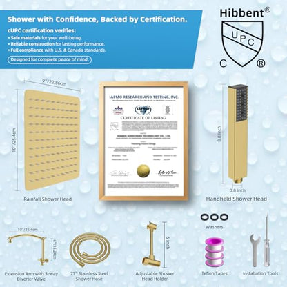 Hibbent All Metal CUPC Certified 10'' Rain Shower Head, Dual Shower Head Combo, High Pressure Handheld 4 Sprays Shower Wand, 16'' Adjustable Extension Arm, 71'' Hose, Shower Holder, Brushed Gold - color: Brushed Gold, style: Square 10''