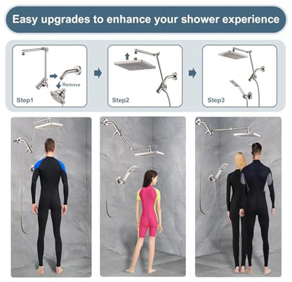BRIGHT SHOWERS High Pressure Rain Shower Head Combo with Double Extension Arm, 8 Inch Rainfall Shower Head with Handheld Spray, Height Adjustable Dual Square Showerhead Set, Brushed Nickel - color: Brushed Nickel, style: Dual Shower Head with Extension Ar