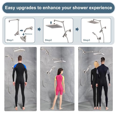 BRIGHT SHOWERS High Pressure Rain Shower Head Combo with Double Extension Arm, 8 Inch Rainfall Shower Head with Handheld Spray, Height Adjustable Dual Square Showerhead Set, Brushed Nickel - color: Brushed Nickel, style: Dual Shower Head with Extension Ar